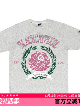 黑喵像素 25ss夏复古玫瑰短袖T恤圆领流行宽松印花休闲男女情侣