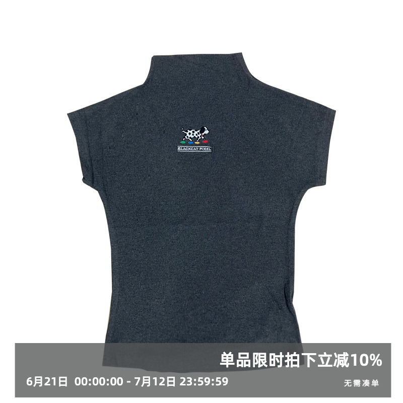 黑喵像素 夏季斑点狗冰丝针织短袖t恤背心女半高领宽松显瘦薄款