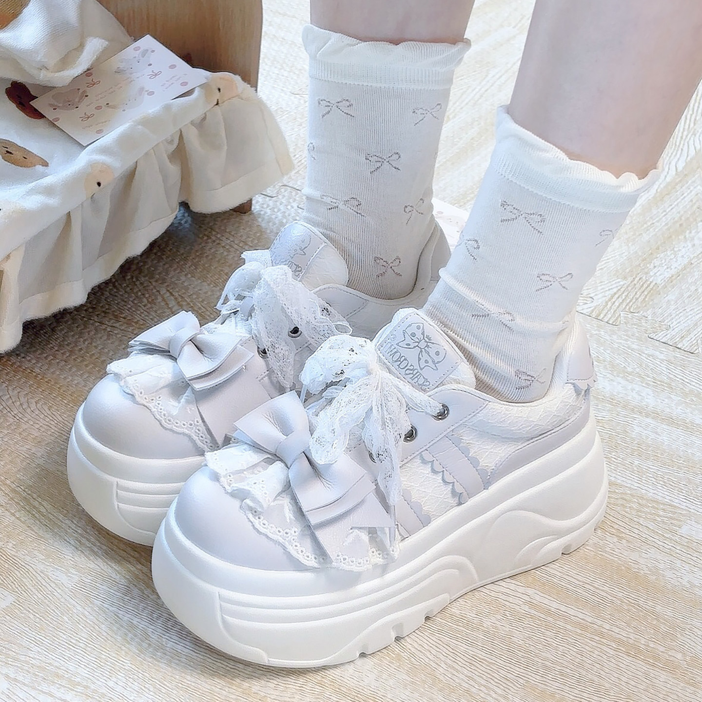 厚底小蛋糕蕾系可爱蕾丝花边鞋