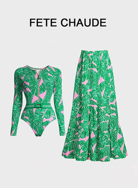 FETECHAUDE泳衣女长袖拉链绿色印花冲浪服套装泡温泉度假裙式连体
