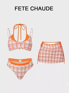 FETE CHAUDE 2025新款分体泳衣女格子性感比基尼三件套温泉度假风