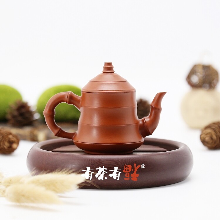 潮州手拉壶名家 吴敬亮 全手工潮州朱泥壶 盖中盖 双盖高身竹节壶