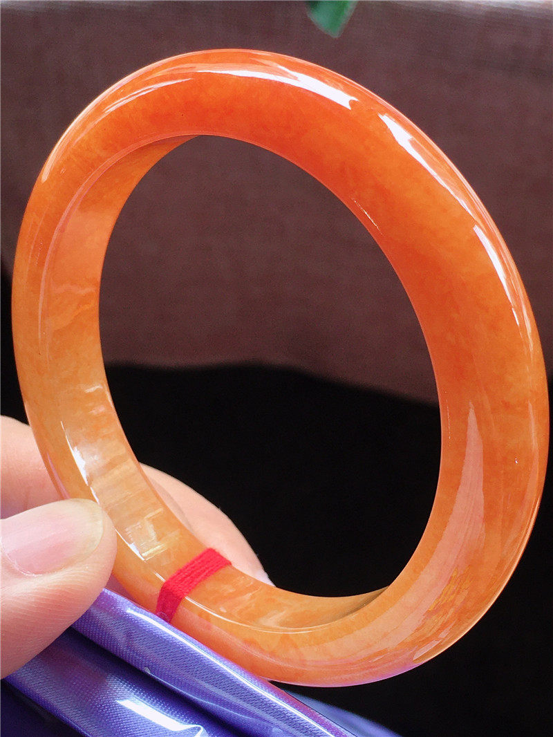 天然缅甸翡翠手镯玉镯黄翡红翡正圈老坑56-57冰种飘花玉石圆条镯