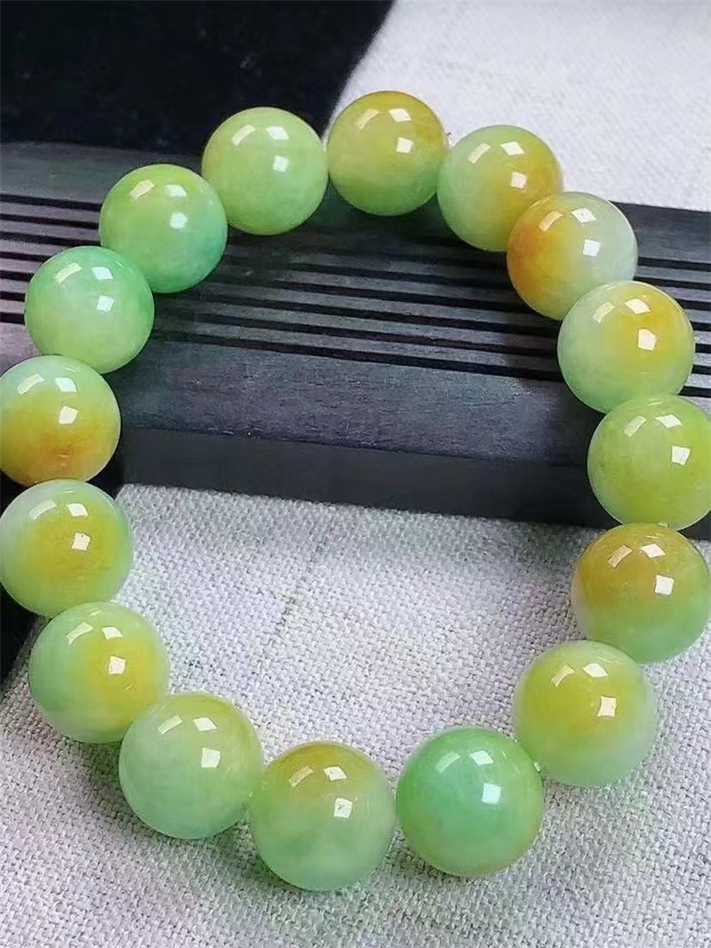 缅甸老坑天然a货翡翠玉石冰糯种黄加绿圆珠子翡翠手串男女款附证