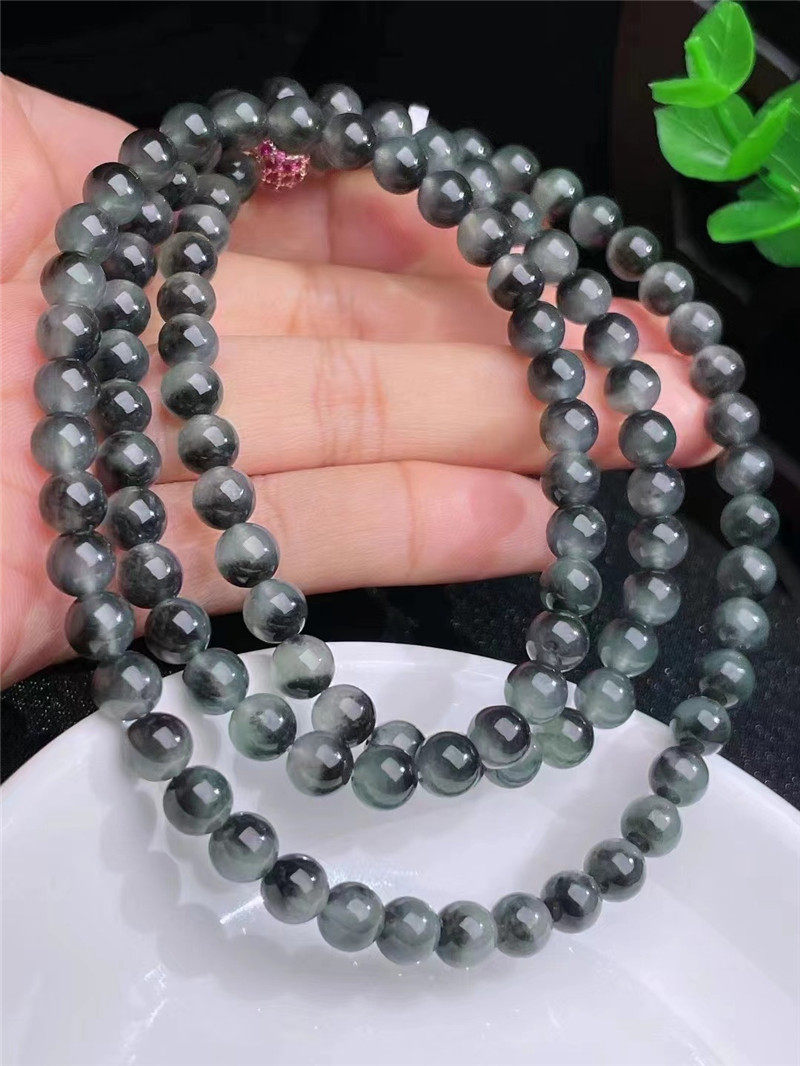 缅甸真品玉石雕刻冰糯种灰色乌鸡种圆珠项链天然翡翠a货转运手链