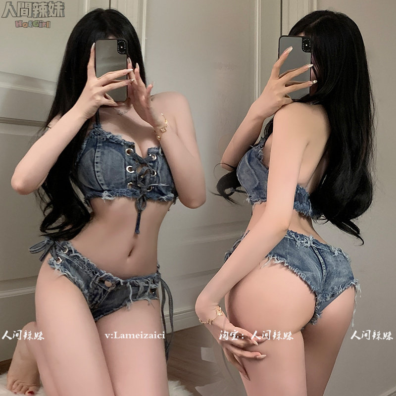 情趣牛仔裤女蓝色内裤比基尼三点内衣套装超短裤热裤低腰破洞qqny