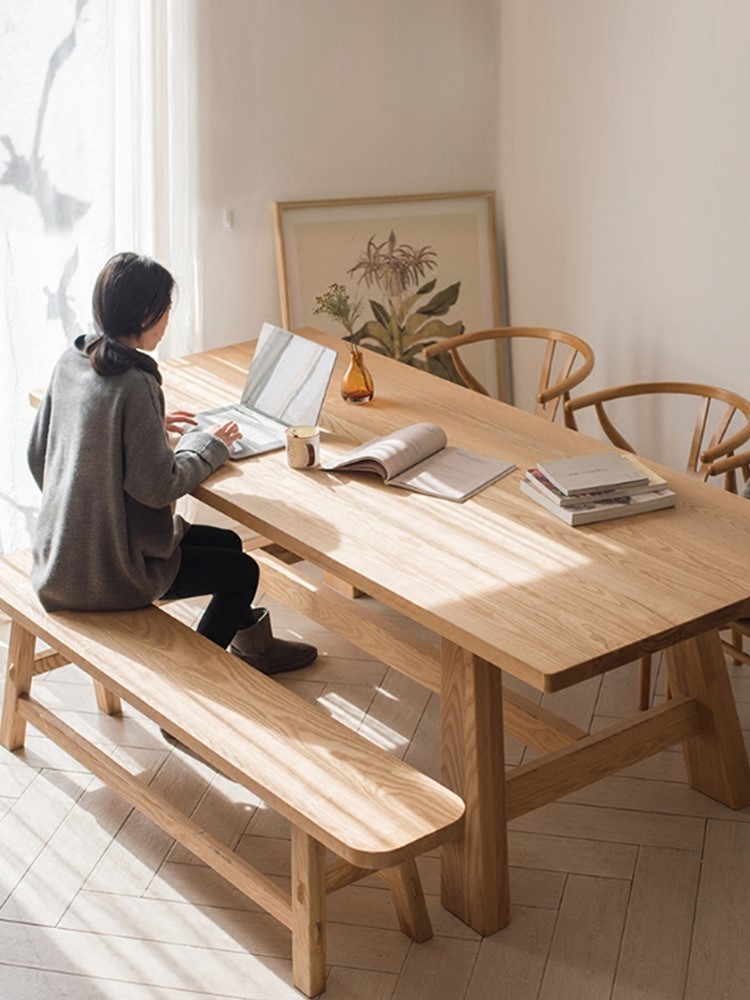 日式大餐桌原木风长方形实木客厅大书桌工作台白蜡木侘寂风吃饭桌