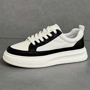 2025新款男鞋真皮黑白拼接时尚潮牌运动休闲鞋厚底增高百搭板鞋男