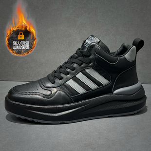 2025秋冬新款男鞋加绒高帮运动休闲鞋厚底增高板鞋男头层牛皮潮鞋