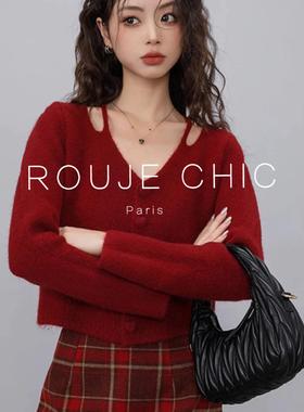ROUJE CHIC法式新年氛围感露肩红色短款毛衣女春V领复古针织开衫