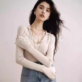 修身 ROUJE 洋气内搭翻领毛衣 打底衫 女秋季 CHIC法式 设计感V领长袖