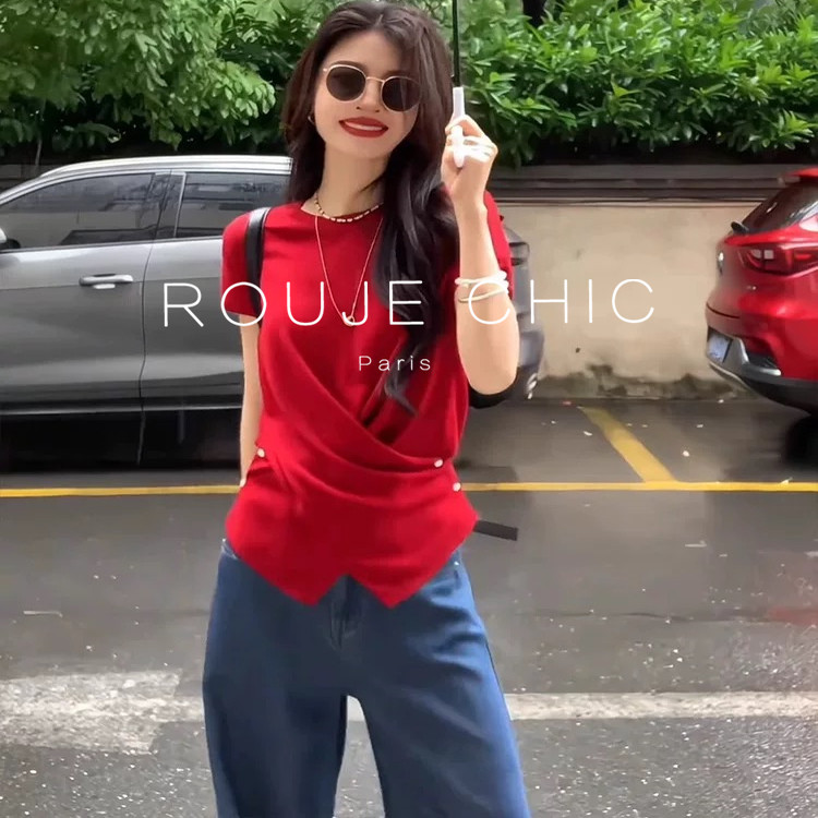 ROUJE CHIC法式红色不规则交叉短袖正肩t恤女夏季设计感修身上衣