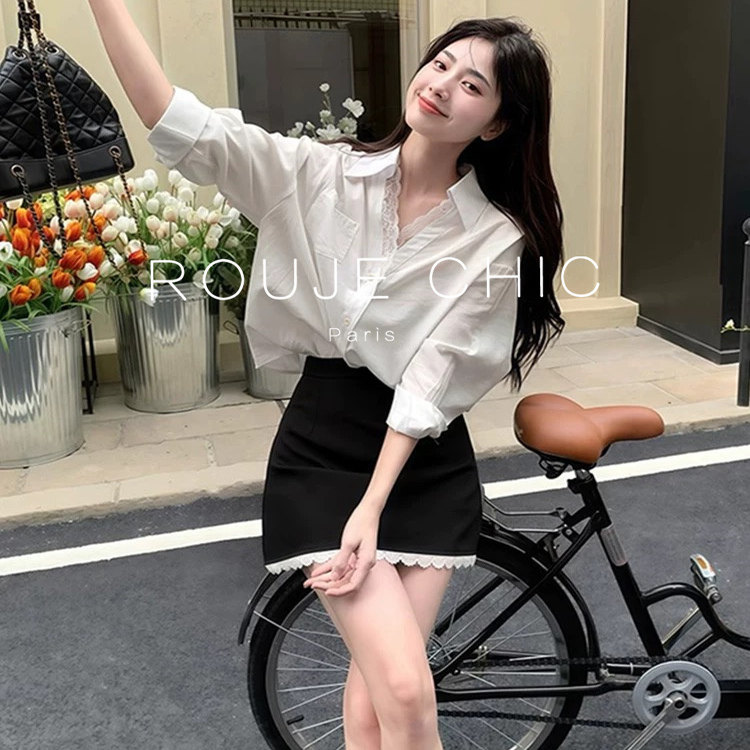 ROUJE CHIC法式高级感减龄洋气白色蕾丝衬衫女秋季衬衣短裙两件套