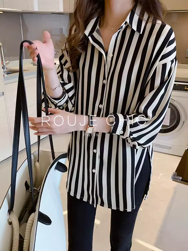 法国法式小众黑白条纹衬衫女夏季