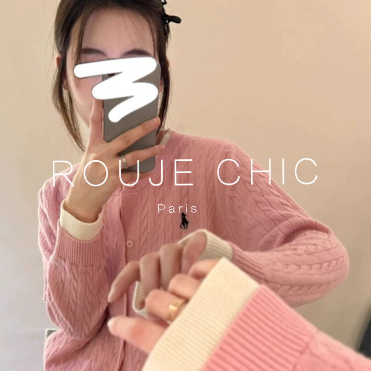 ROUJE CHIC法式刺绣设计假两件针织开衫女秋麻花软糯圆领毛衣外套