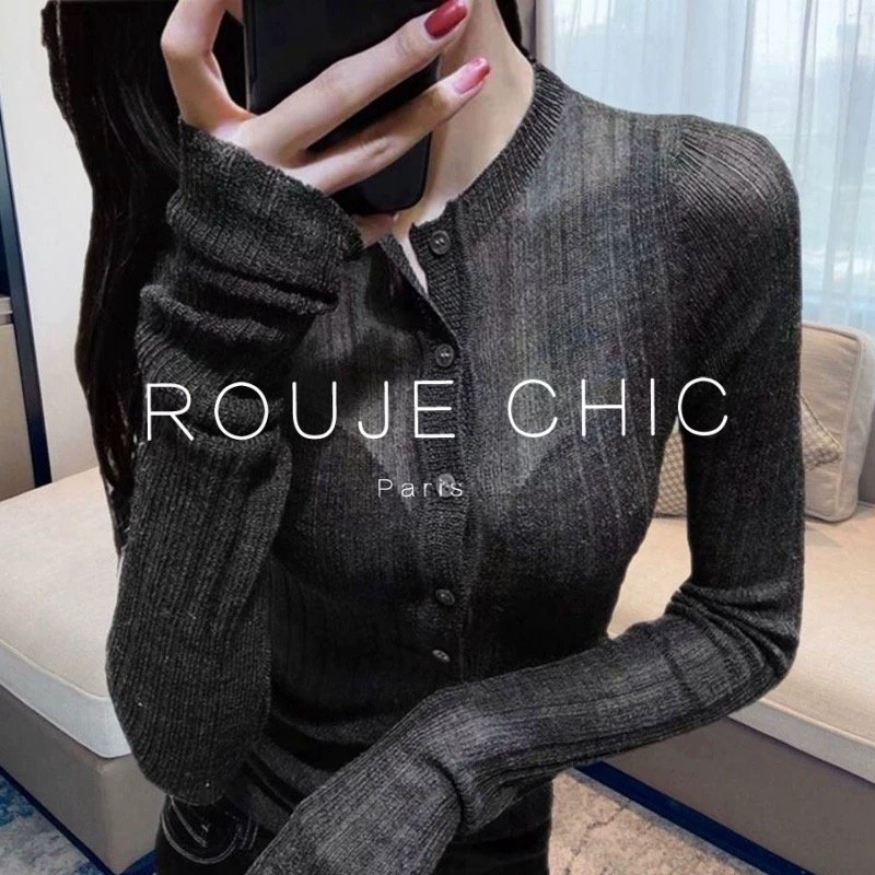ROUJE CHIC法式黑色微透内搭针织衫女春季修身显瘦薄款纽扣打底衫,女装/女士精品,大码内搭,淘宝优惠券,粉丝福利购,淘宝优惠卷