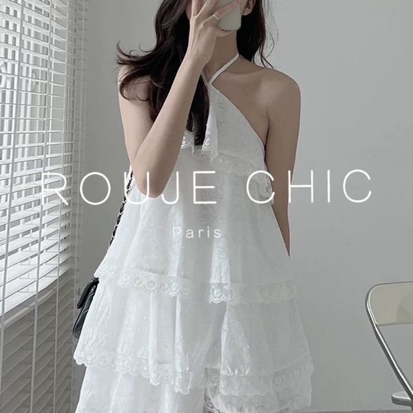 ROUJE CHIC法式甜美挂脖露肩蕾丝花边吊带上衣+高腰短裤套装女夏