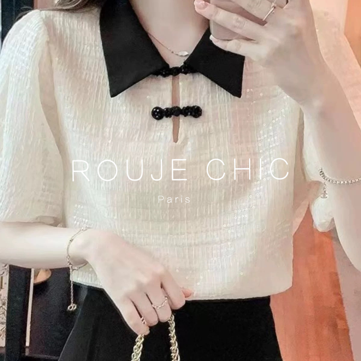 ROUJE CHIC法式新中式盘扣亮片镂空拼色衬衫女夏减龄洋气雪纺衬衣