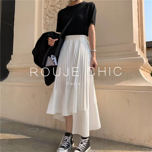 ROUJE CHIC法式不规则荷叶边百褶半身裙女夏宽松高腰a字蛋糕裙子