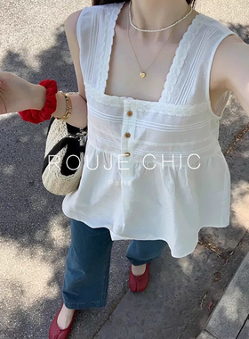 ROUJE CHIC法式白色方领吊带无袖上衣女夏小众短款宽松正肩衬衫薄