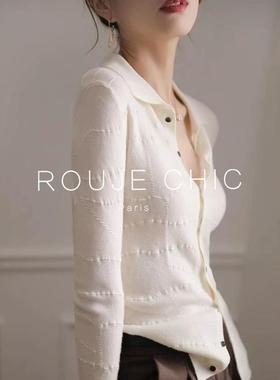 ROUJE CHIC法式优雅气质白色翻领羊毛针织衫女秋温柔修身显瘦上衣