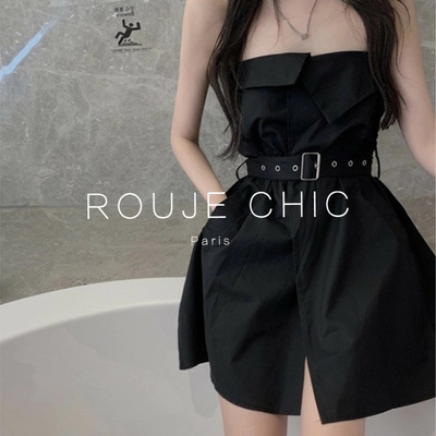 法国辣妹黑色一字肩抹胸连衣裙女