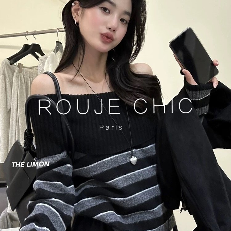 法国黑色一字肩条纹针织衫女秋冬