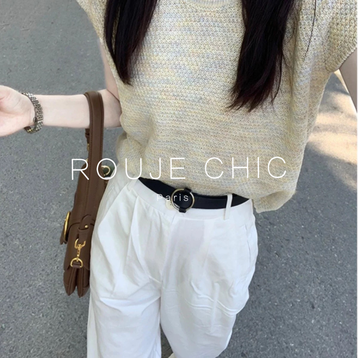 ROUJE CHIC法式设计感小飞袖坎肩圆领薄款冰丝针织短袖T恤女夏季