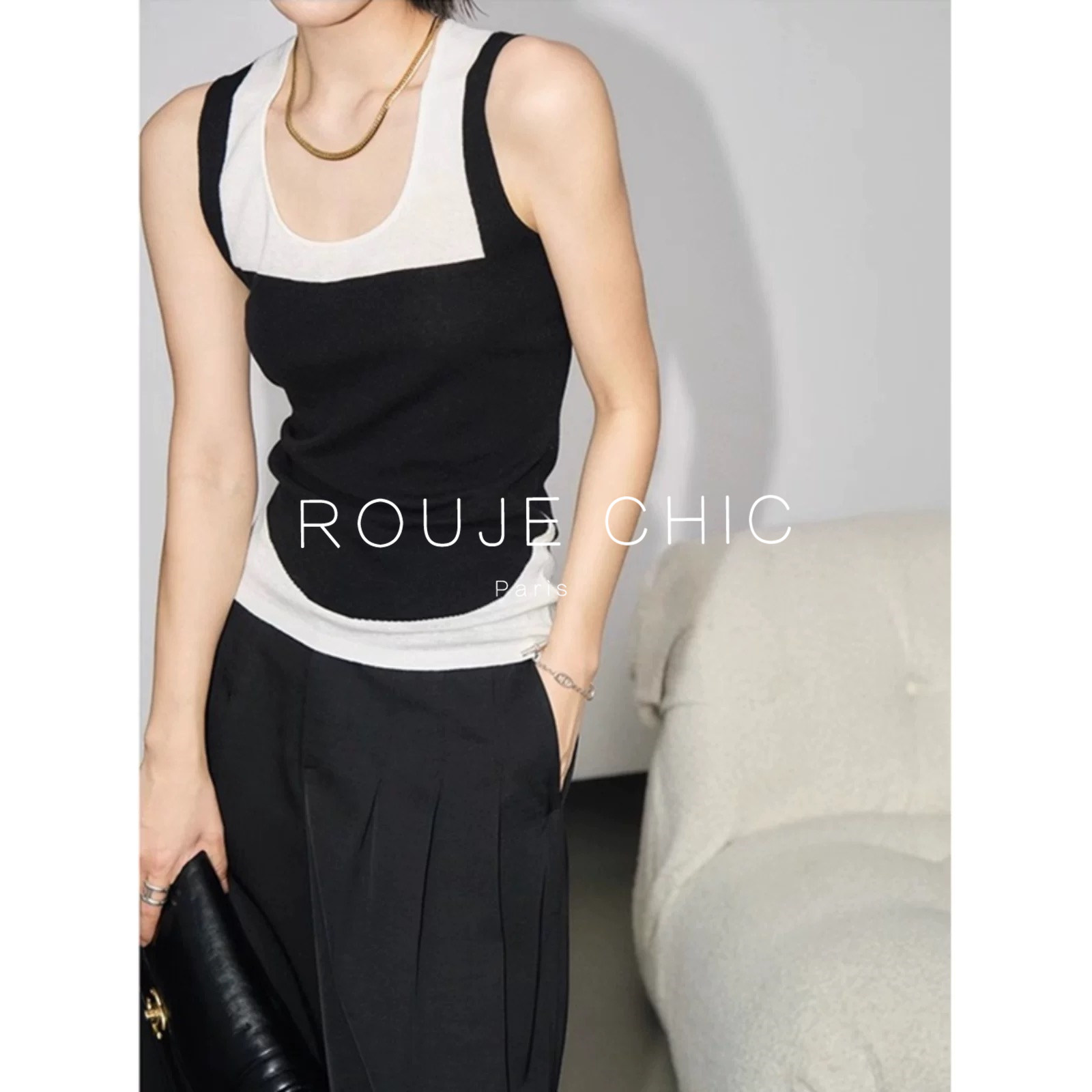 ROUJE CHIC法式撞色黑白拼色假两件冰丝针织背心女夏坎肩无袖上衣
