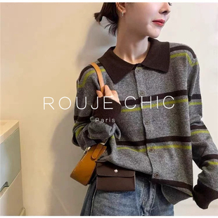 翻领浣熊绒针织衫 复古撞色条纹polo领毛衣女秋冬季 CHIC法式 ROUJE