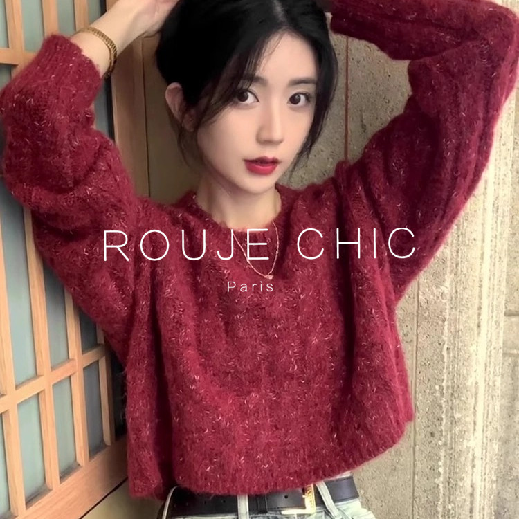 ROUJE CHIC法式本命年红色套头毛衣女秋冬圆领麻花短款长袖针织衫