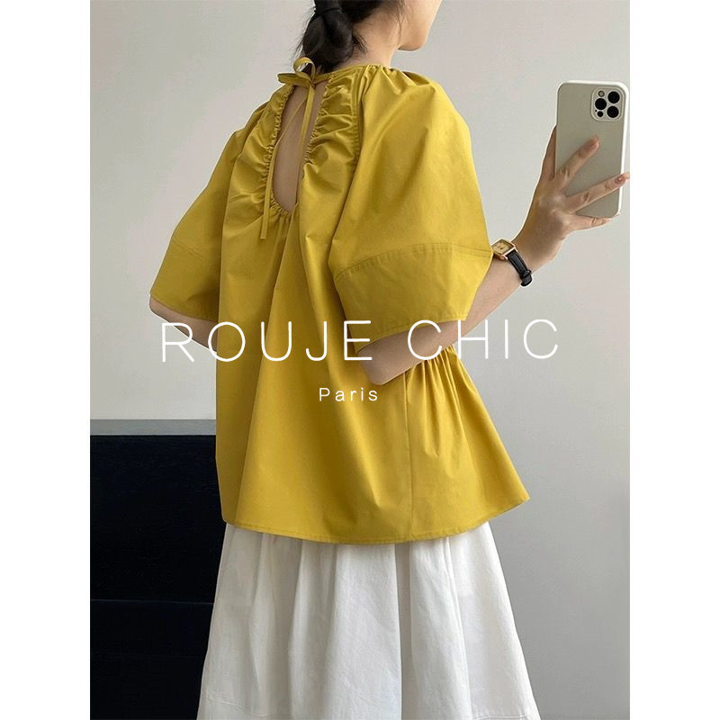 ROUJE CHIC法式设计感多巴胺后背系带镂空七分袖收腰裙摆式上衣夏