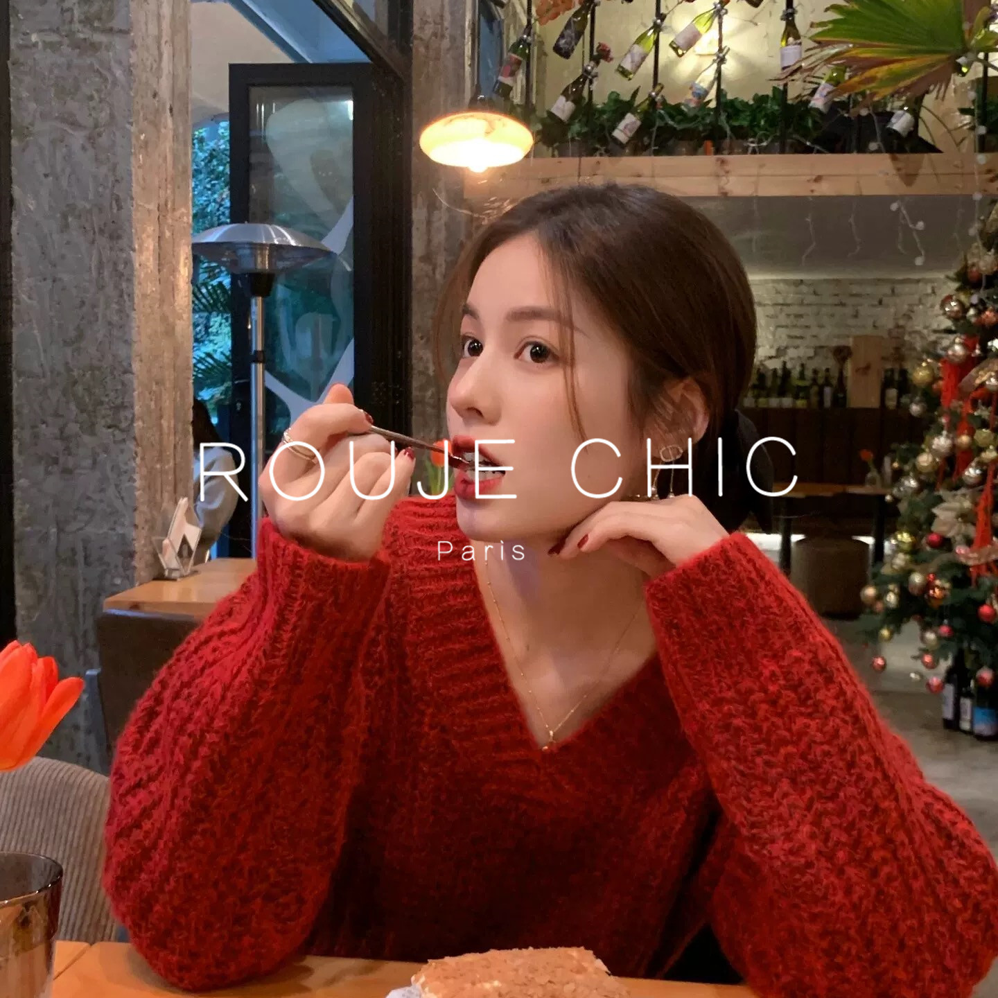 ROUJE CHIC法式复古红色V领毛衣女秋冬慵懒简约宽松百搭麻花上衣