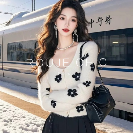ROUJE CHIC法式白色U领花朵印花针织衫女早春设计感小众锁骨毛衣