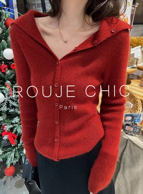ROUJE CHIC法式红色翻领长袖修身显瘦针织开衫外套女秋打底衫上衣