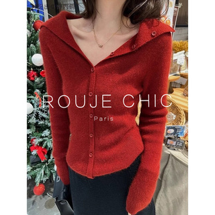 CHIC法式 外套女秋打底衫 红色翻领长袖 显瘦针织开衫 上衣 修身 ROUJE