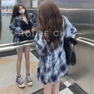 女夏設(shè)計感防曬寬松長袖 ROUJE CHIC法式 復(fù)古藍(lán)色格子別致襯衫 上衣