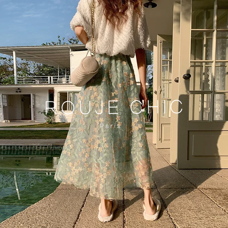 ROUJE CHIC法式复古刺绣网纱半身裙女夏中长款高腰显瘦a字伞裙子
