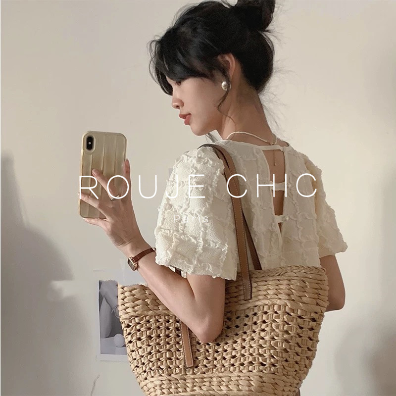 ROUJE CHIC法式复古短袖圆领泡泡袖上衣女夏季别致镂空褶皱雪纺衫
