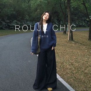 宽松加厚长袖 ROUJE 女秋冬季 慵懒风深蓝色V领针织衫 毛衣 CHIC法式