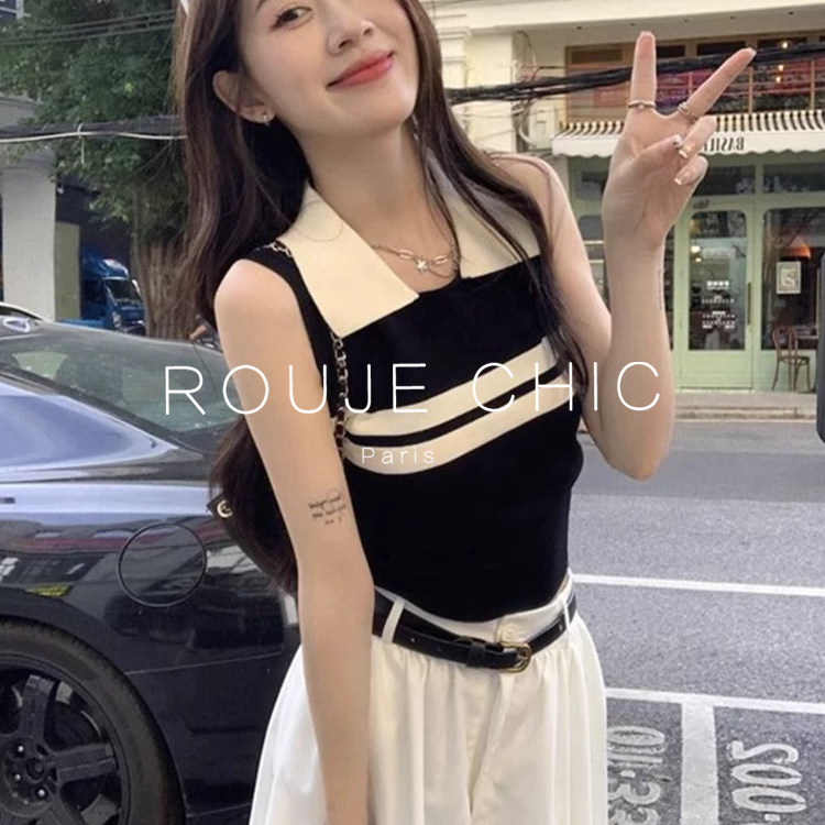 ROUJE CHIC法式条纹针织吊带背心女夏季修身显瘦内搭打底无袖t恤