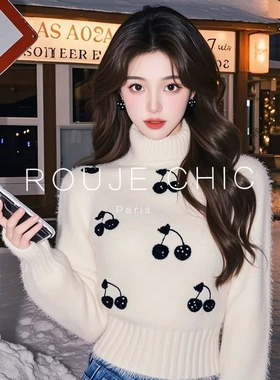 ROUJE CHIC法式白色高领短款针织衫女秋冬季独特别致印花长袖毛衣