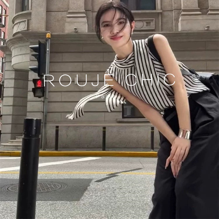 ROUJE CHIC法式简约竖条纹上衣女夏高级小众气质挂脖无袖背心衬衫
