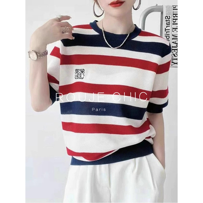 法国撞色条纹圆领刺绣针织衫女夏