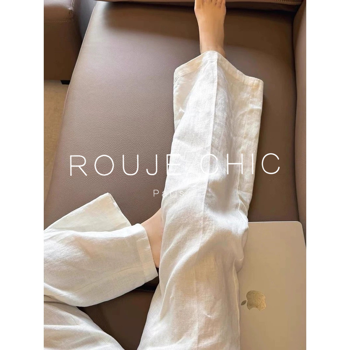 ROUJE CHIC法式白色亚麻裤子女夏季薄款棉麻直筒裤休闲防晒阔腿裤