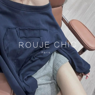 宽松上衣 慵懒风蓝色斜肩圆领卫衣女秋独特别致长袖 ROUJE CHIC法式