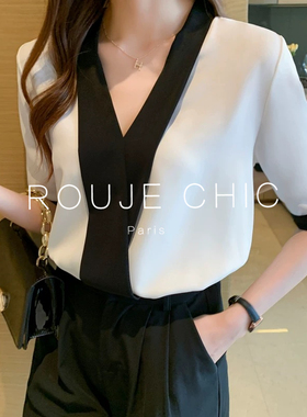 ROUJE CHIC法式白色气质雪纺衬衫女夏季小众V领短袖衬衣通勤小衫
