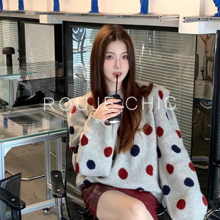 ROUJE CHIC法式设计感彩色波点套头针织衫女秋冬温柔软糯毛衣上衣