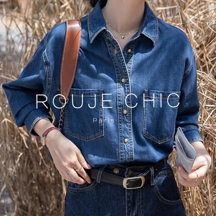 法国加绒宽松叠穿软牛仔衬衫女冬