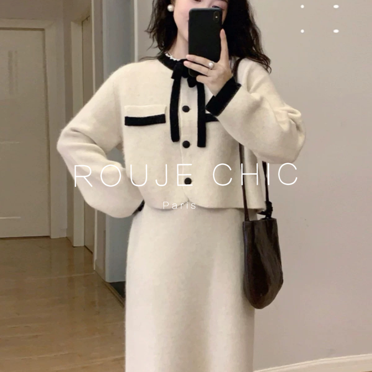 ROUJE CHIC法式温柔撞色蝴蝶结软糯气质浣熊毛千金感套装裙女秋冬